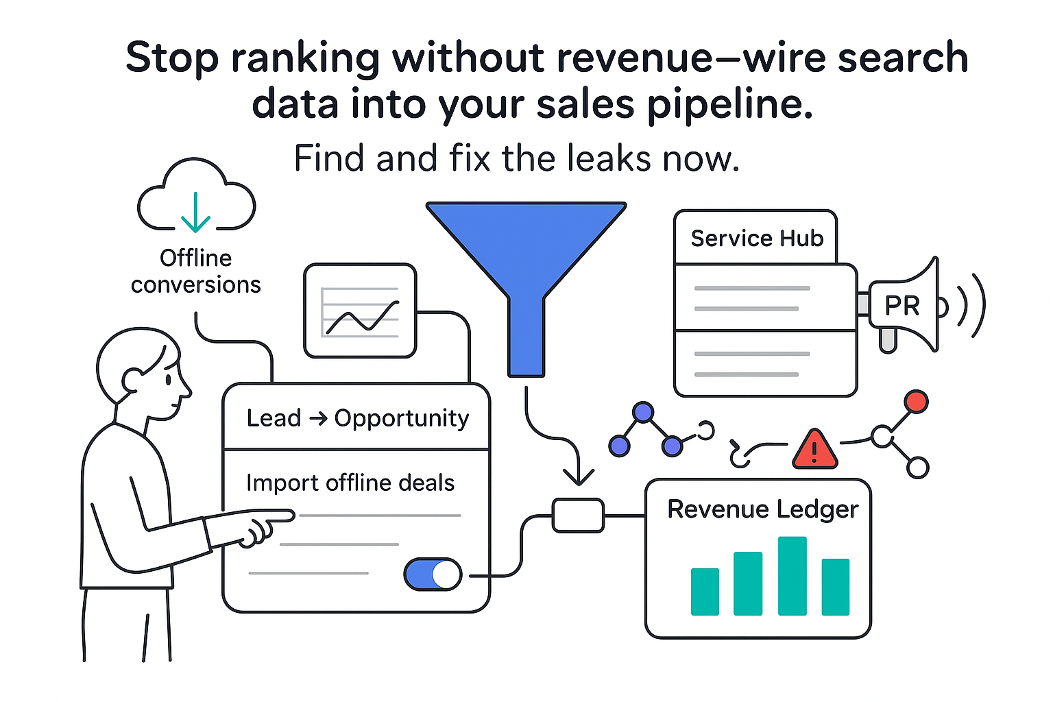 Minimalist tech illustration revenue funnel CRM import offline conversions analytics ledger link graph service hub