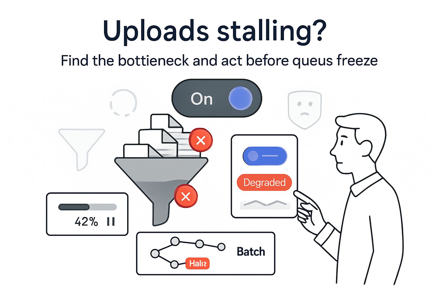 Minimalist tech illustration jammed upload funnel stalled uploads red alert badges operator pointing