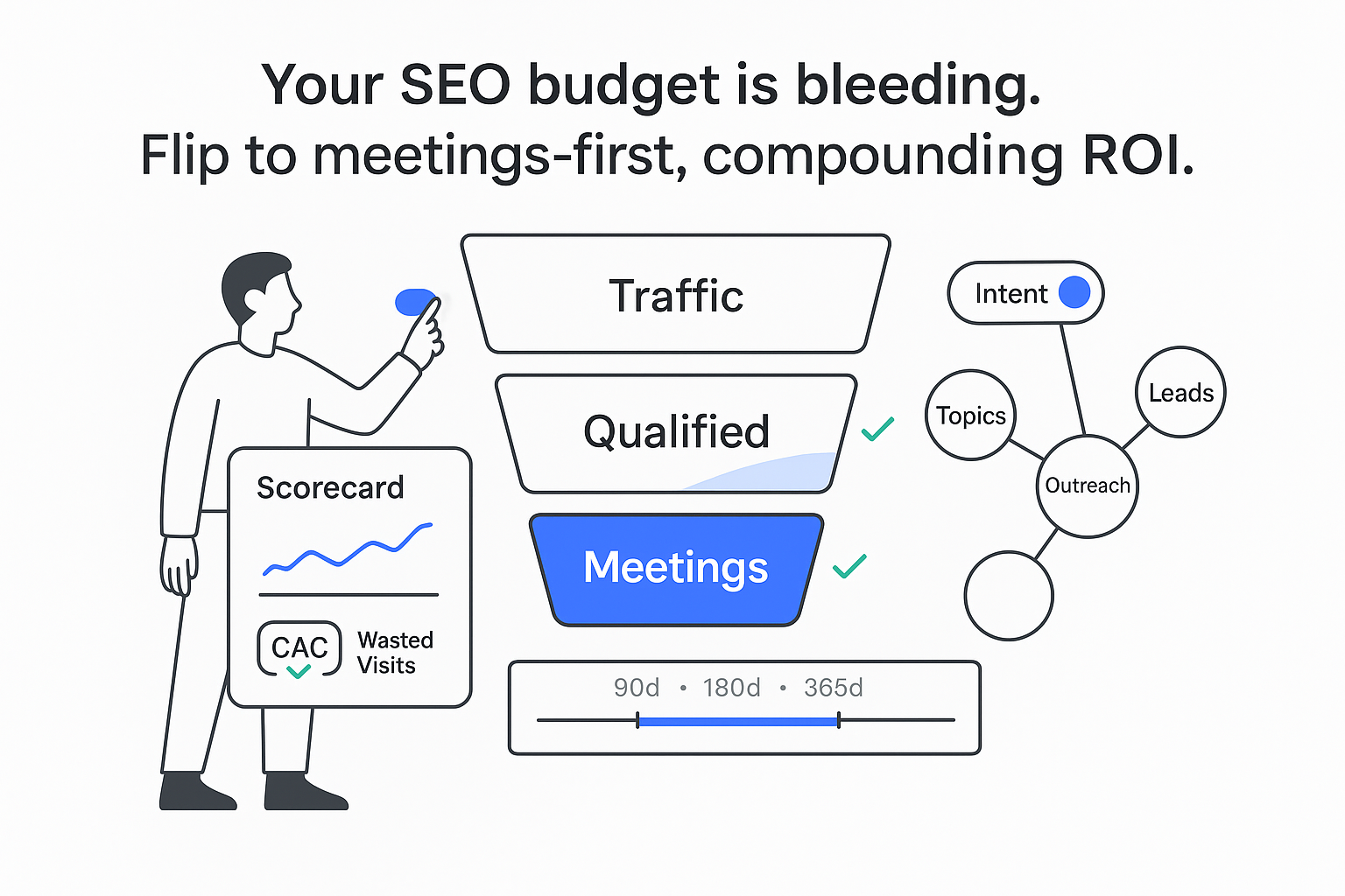 Minimalist tech illustration funnel showing traffic qualified meetings scorecard cluster map intent toggle ROI