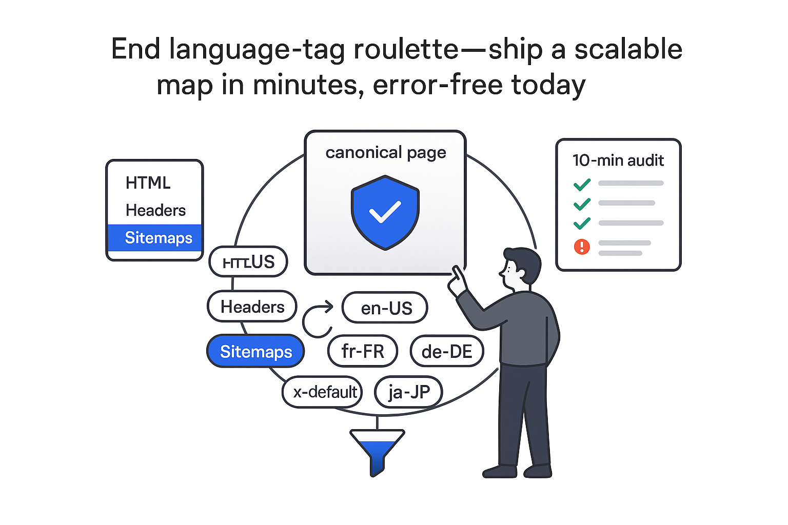 Minimalist canonical page with shield badge orbiting locale chips x default audit panel and funnel