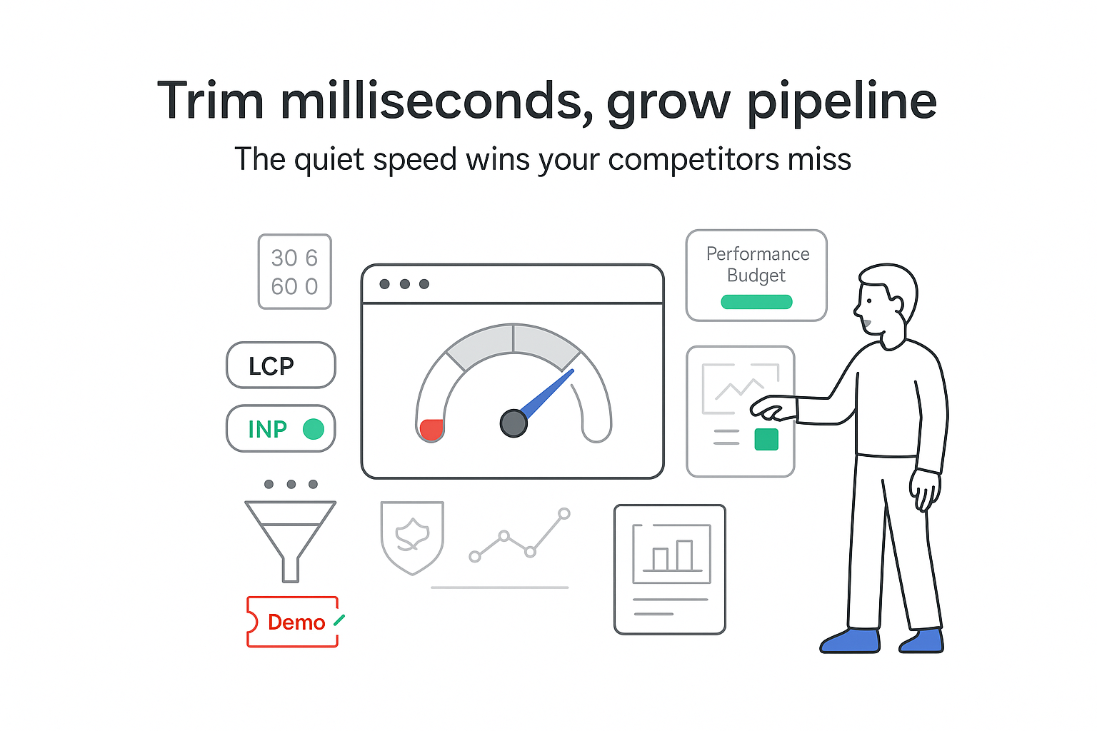 Minimalist tech illustration browser frame with speed gauge LCP INP toggles and funnel demo ticket
