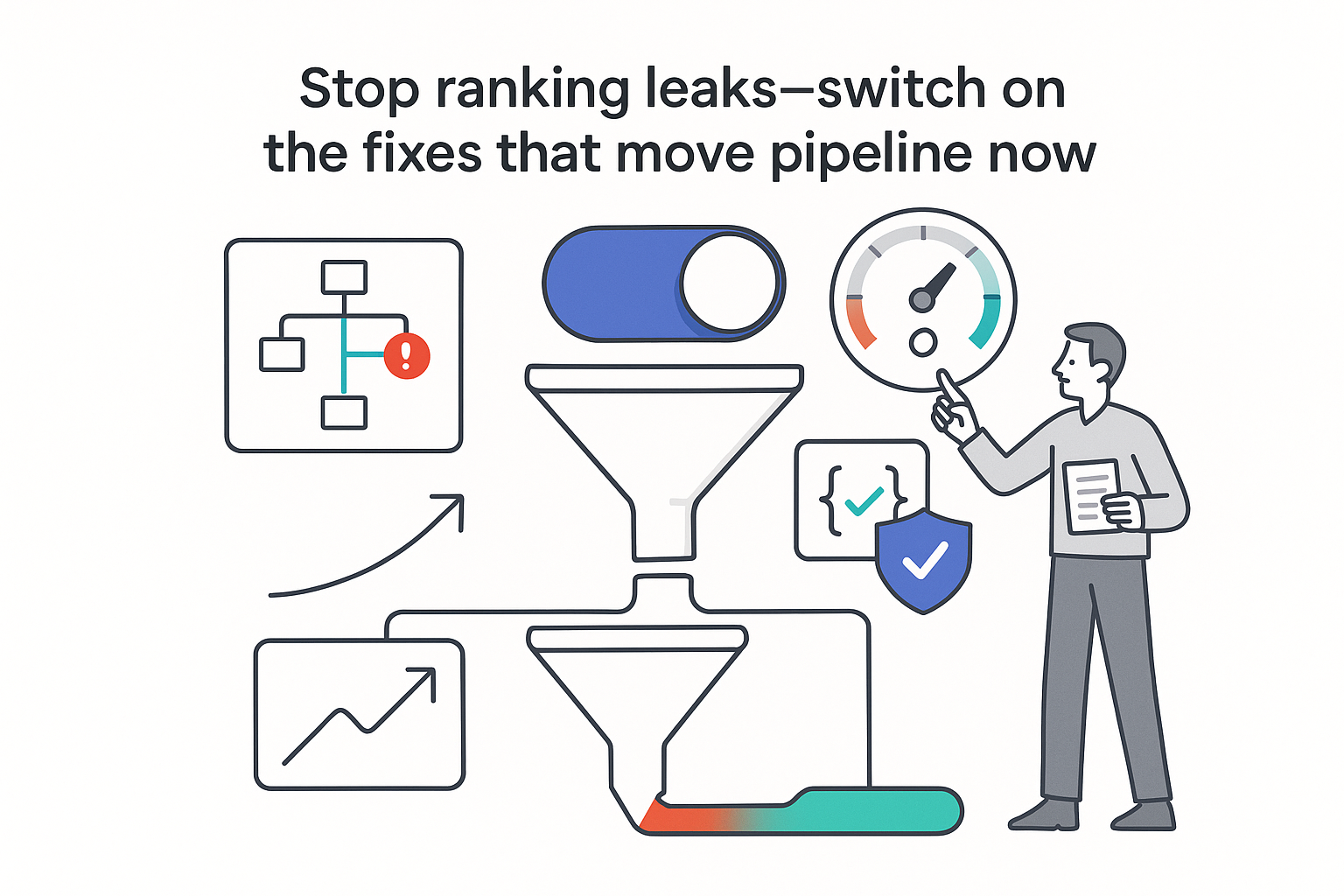 Minimalist SEO funnel illustration with toggle turning on pipeline showing crawlability INP schema conversion fixes