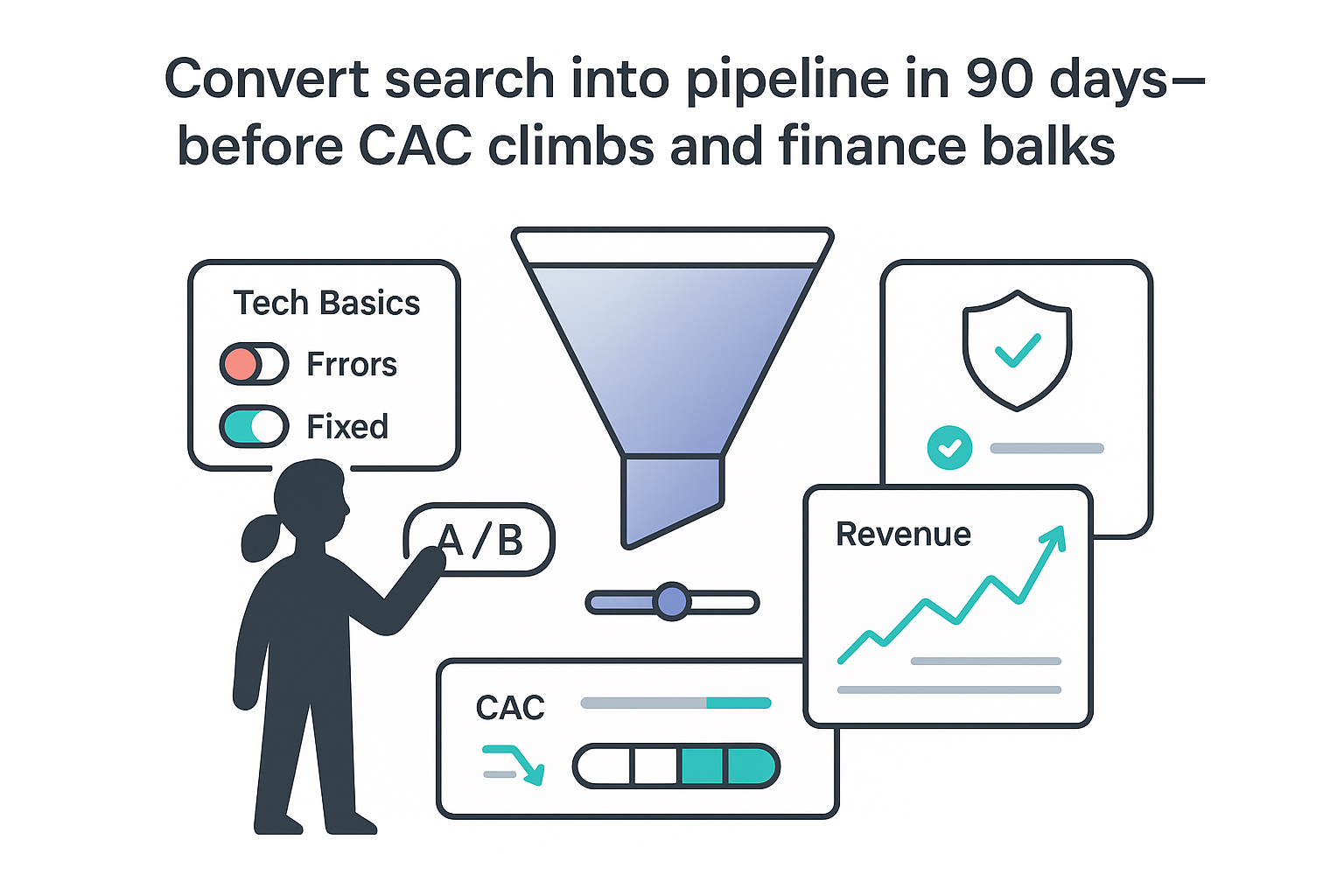 Convert search into pipeline in 90 days minimalist sales funnel revenue chart CAC meter