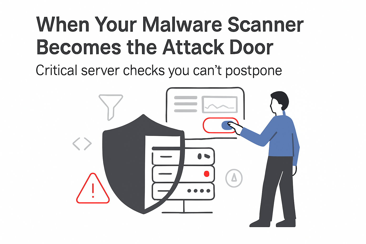 Minimalist illustration of server backdoor from malware scanner misconfiguration showing admin dashboard alert