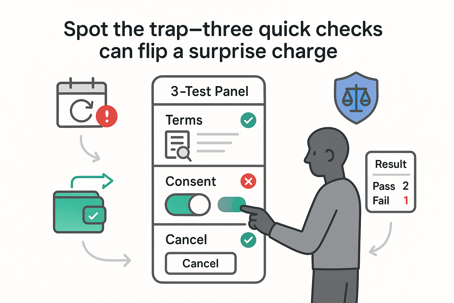 Minimalist illustration three test panel for surprise auto renew consent toggle cancel refund shield compliance