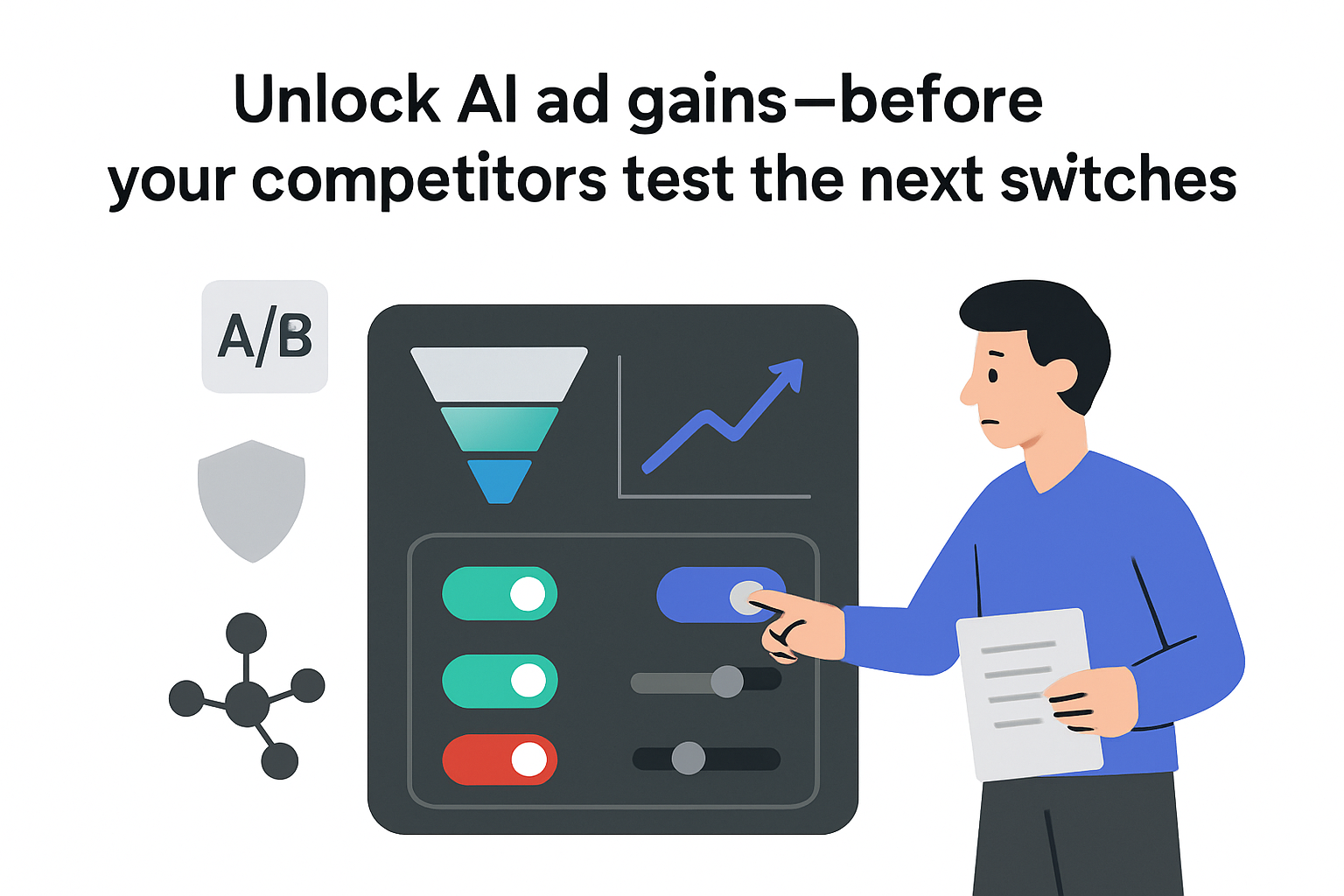 Minimalist AI control hub showing conversion funnel performance chart toggles and person unlocking ad gains