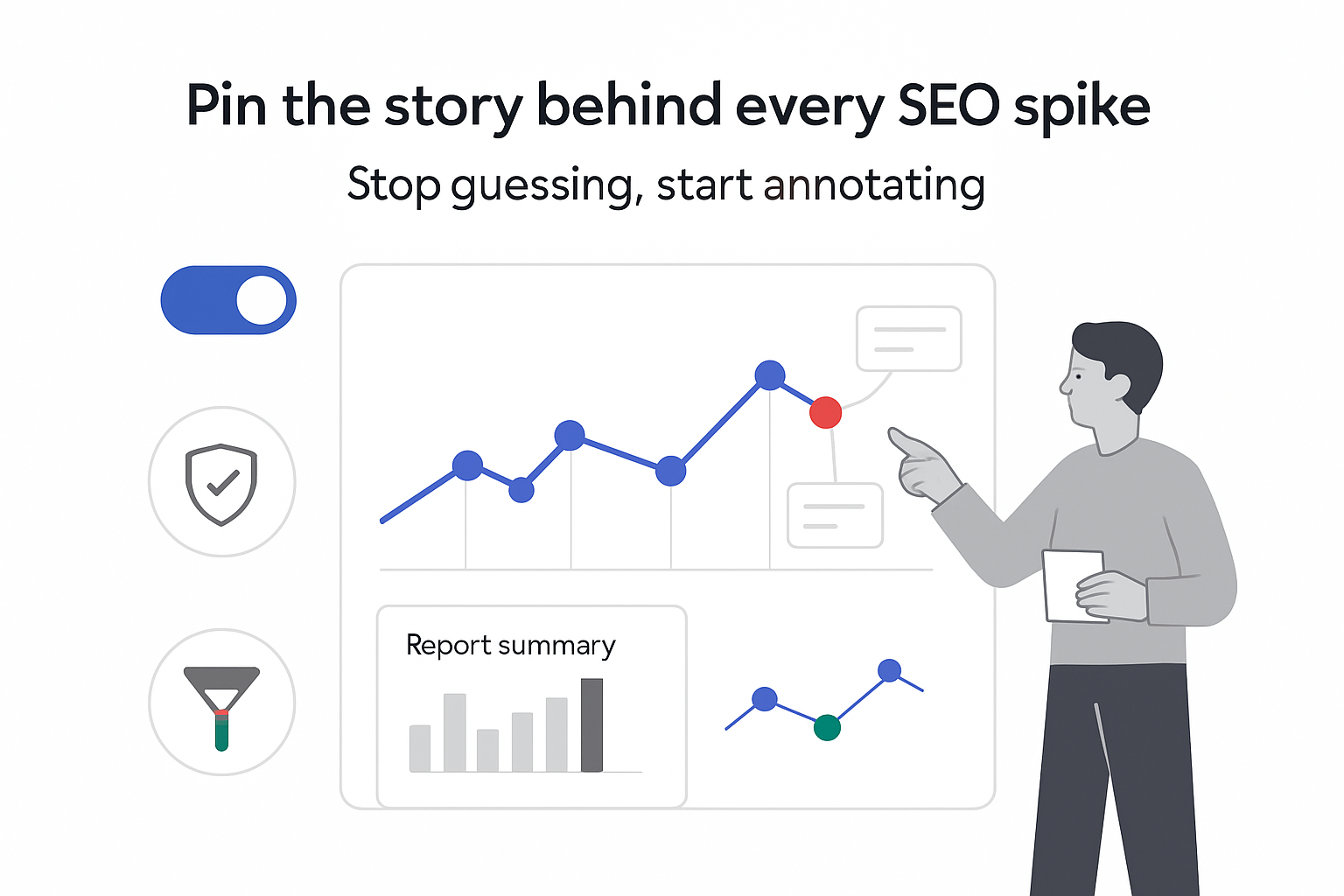 Minimalist analytics dashboard with annotation pins person pointing report summary for SEO insights