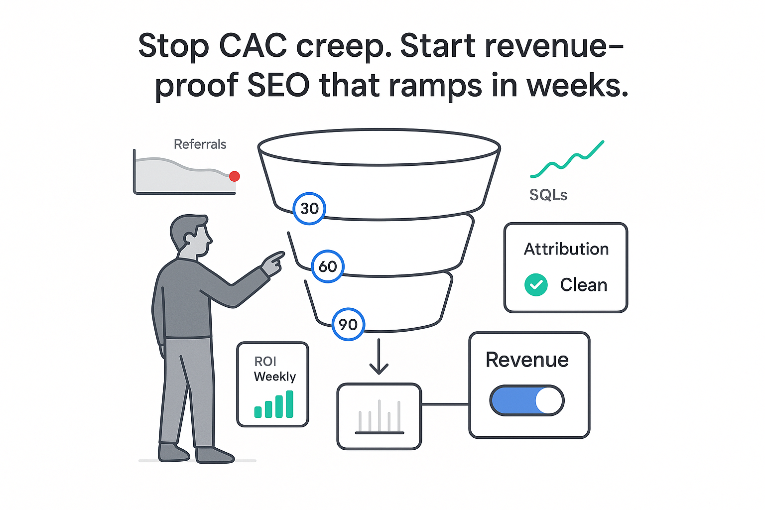 Minimalist tech illustration SEO to revenue funnel with revenue report attribution toggle and ROI weekly