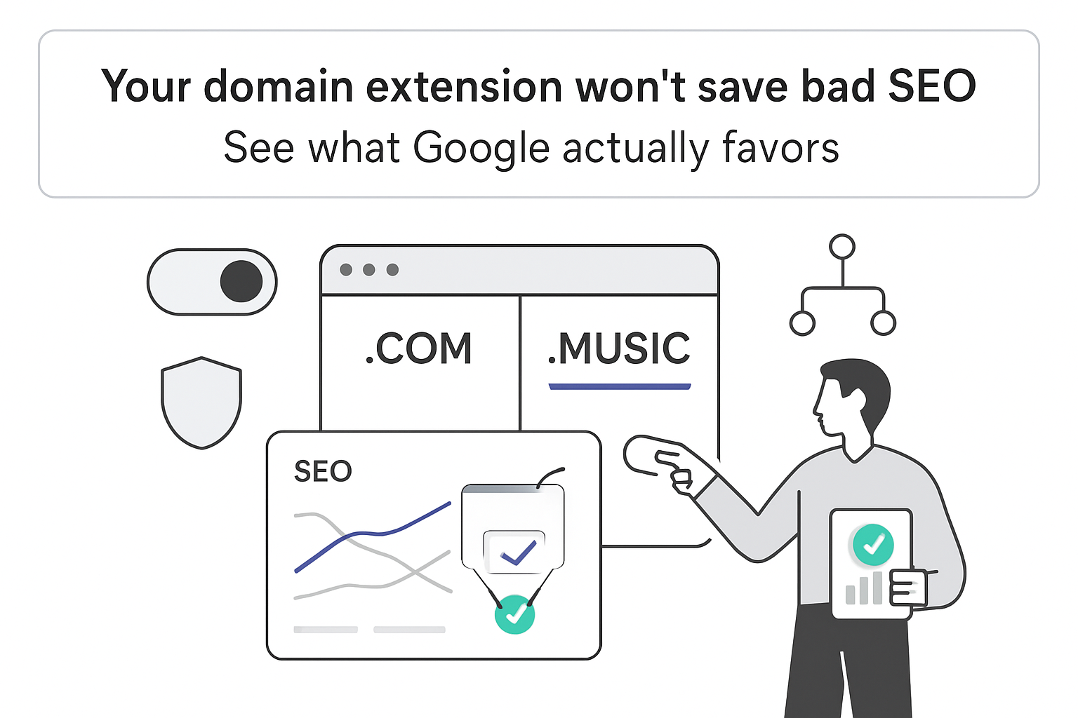 Minimalist SEO illustration of com and music domain tabs with performance dashboard and analyst