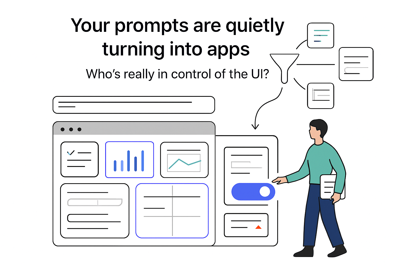 Minimalist tech illustration browser UI with modular app blocks prompt funnel person hovering generate button