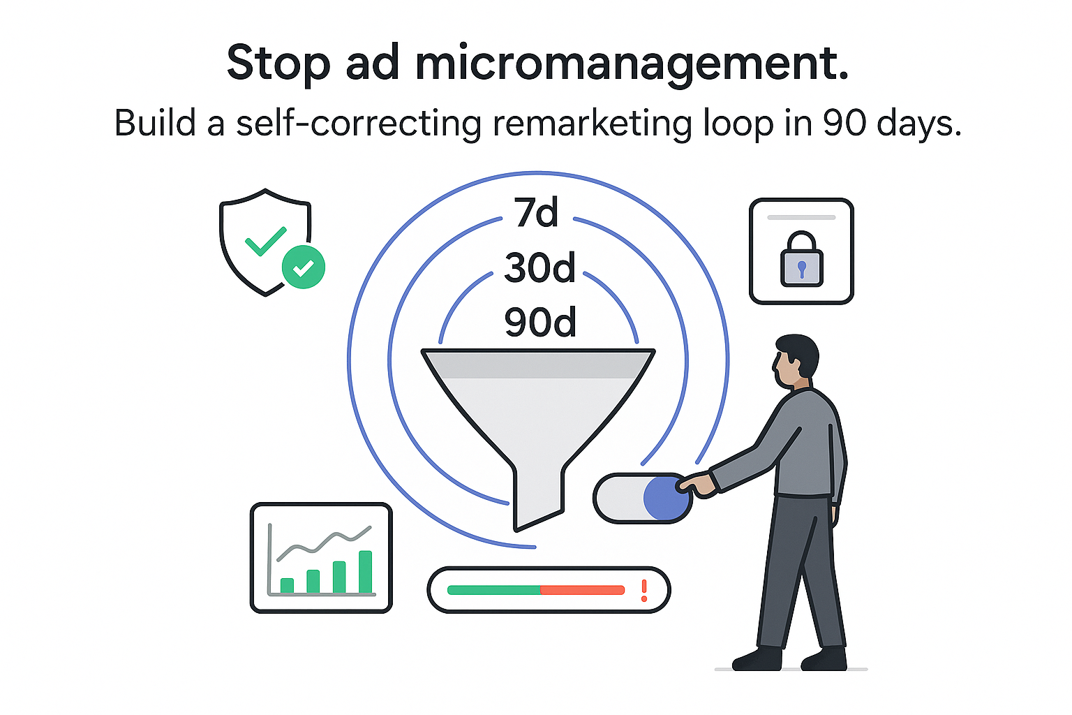 Minimalist funnel automation with 90 day timeline toggle shield exclusion locked data card remarketing report