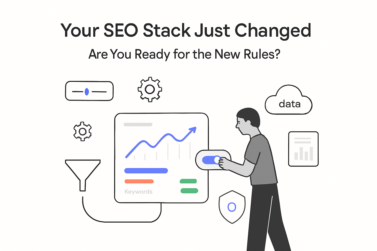 Minimalist SEO control hub with dashboard funnel privacy shield data cloud person toggling controls