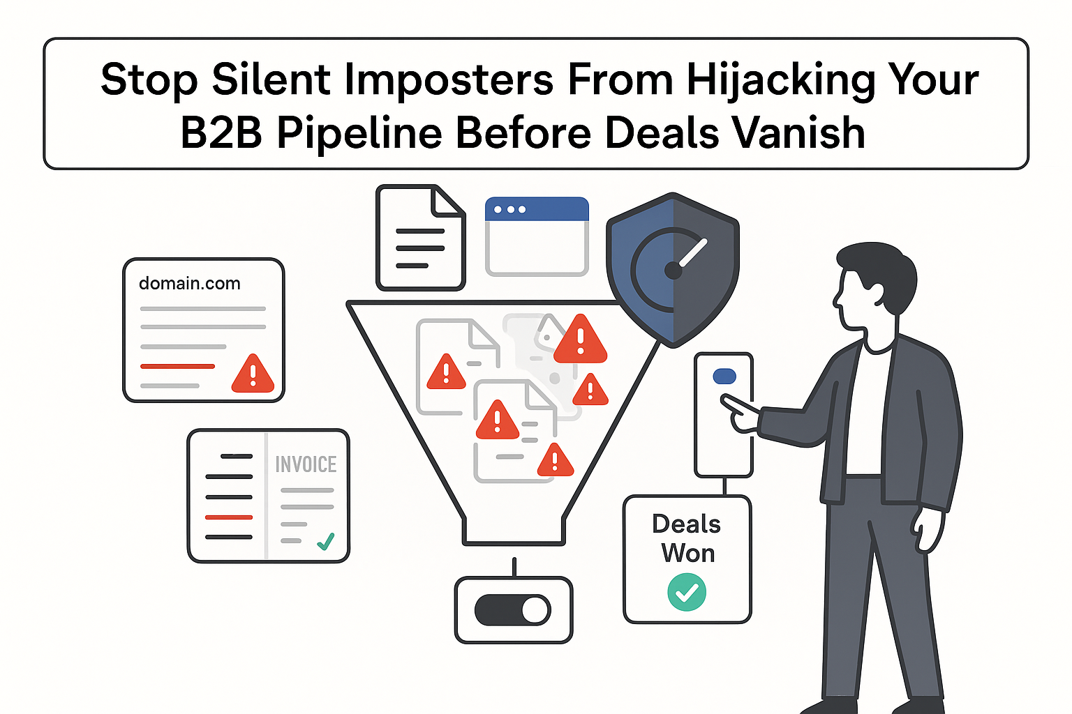 B2B pipeline funnel illustration showing silent imposters spoofed domains fake invoices shield lost deals