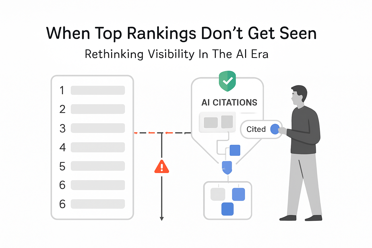 Minimalist tech illustration of search results and AI citations funnel highlighting ranking divergence and visibility