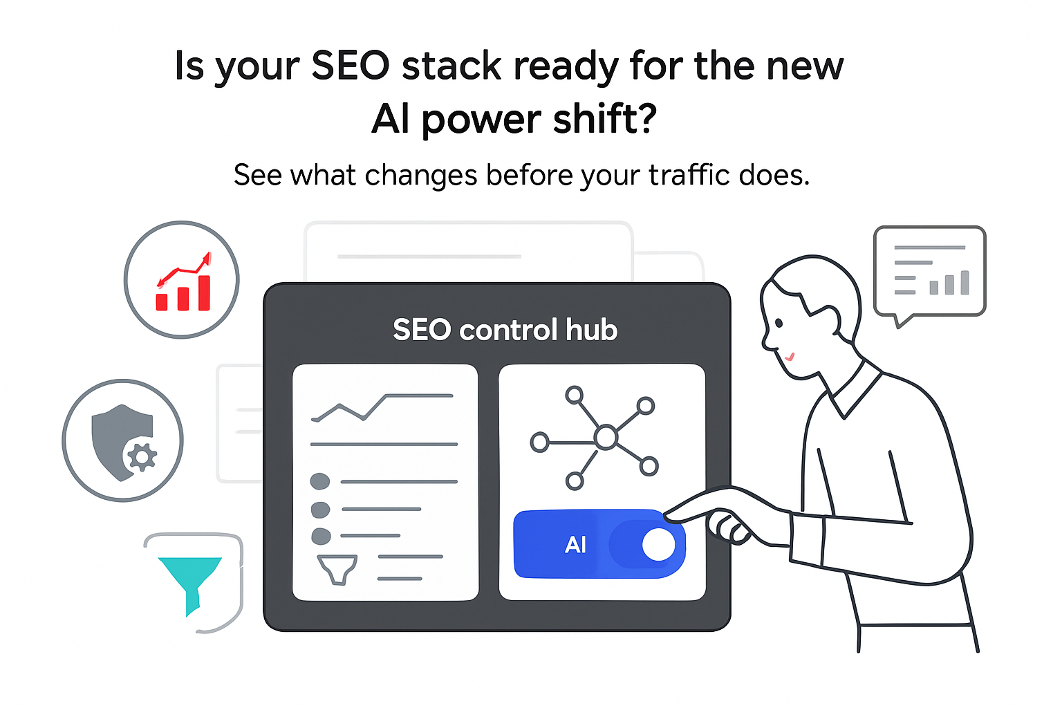Minimalist illustration of SEO control hub with analytics and AI search panel person toggling AI