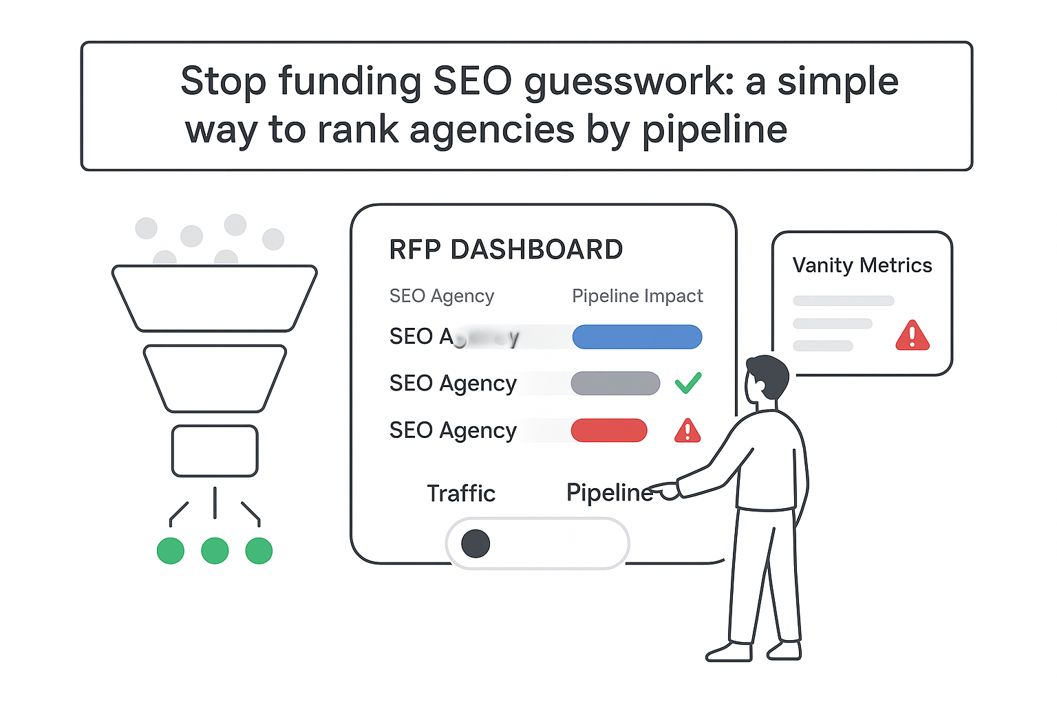 Minimalist RFP dashboard showing SEO agencies pipeline scoring funnel CEO toggling pipeline versus vanity metrics