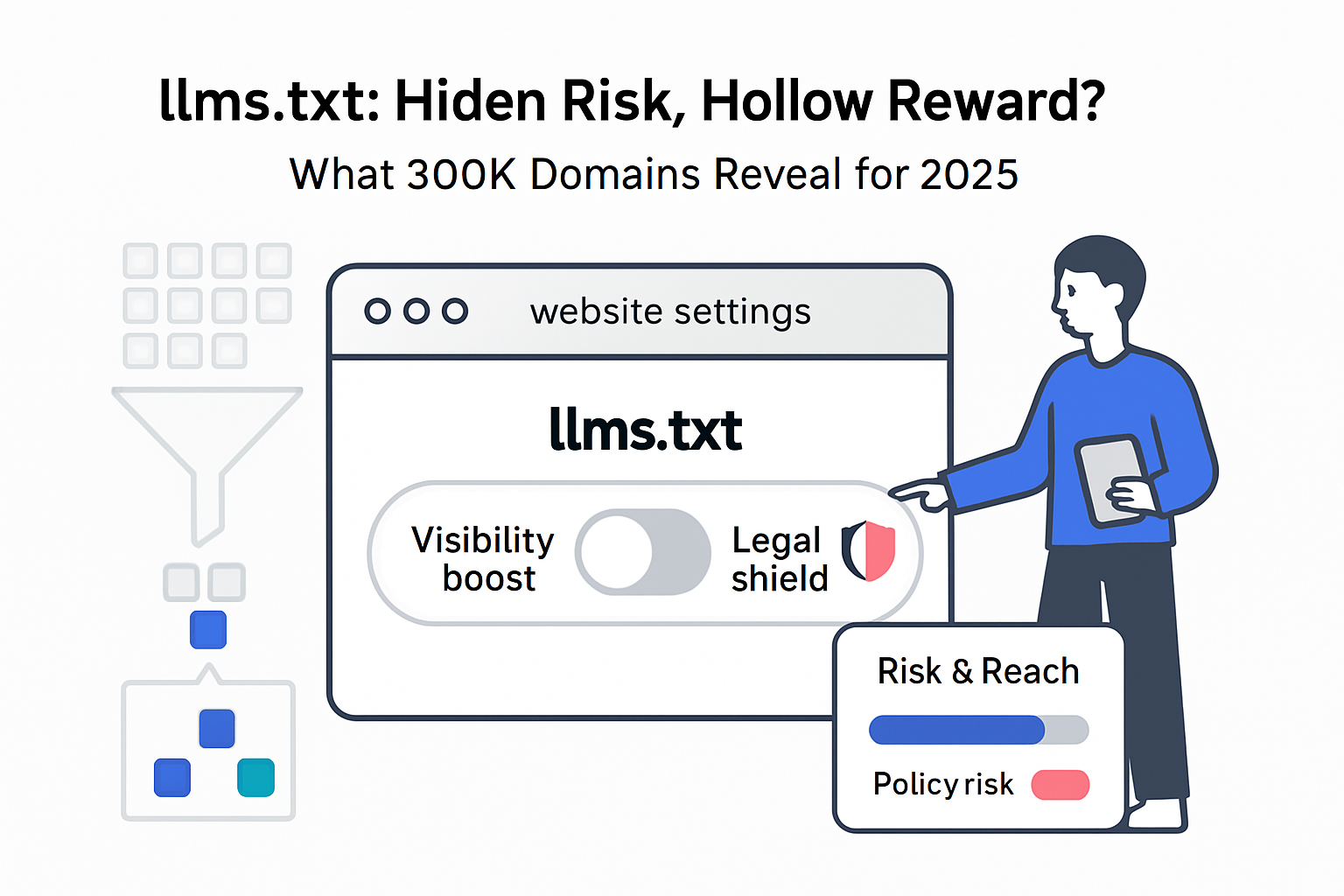 Minimalist illustration of llms txt toggle balancing visibility versus legal risk with funnel and report