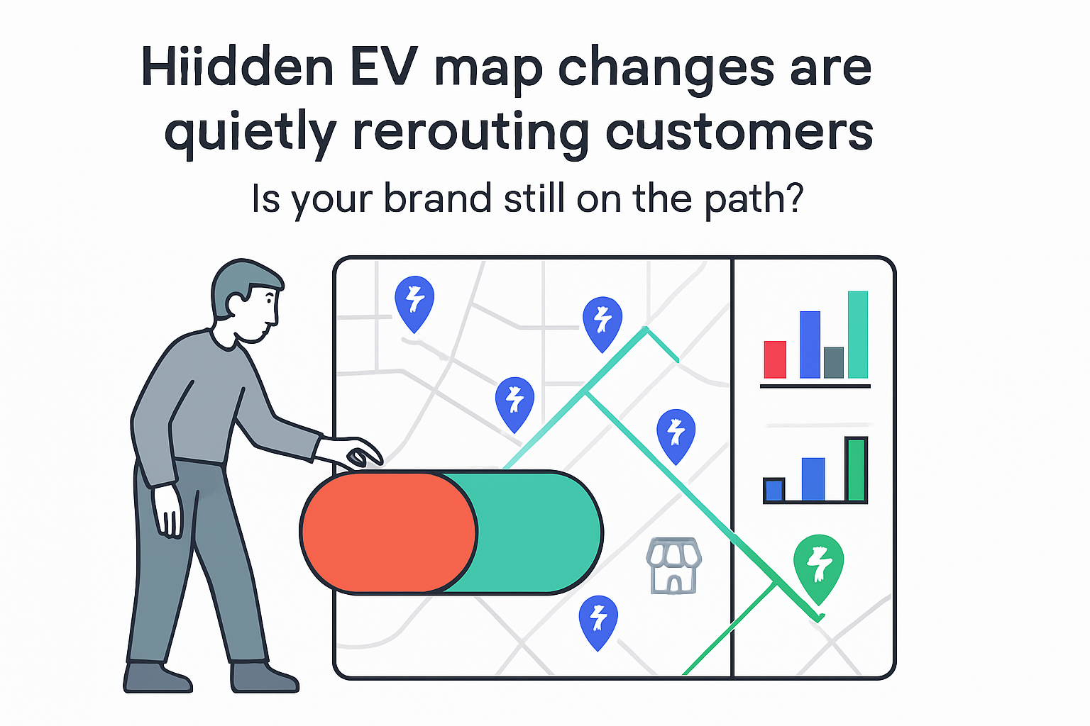 Minimalist EV charging map with toggle rerouting routes analytics panel and marketer tapping switch