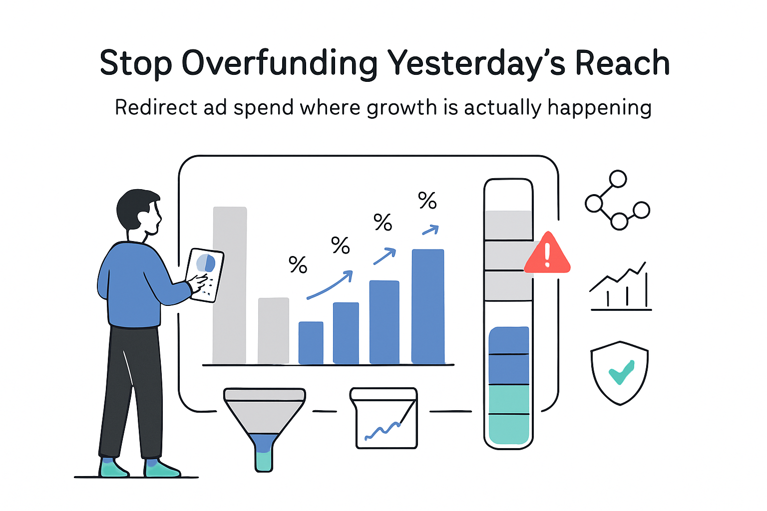 Minimalist analytics dashboard with ad spend budget slider conversion funnel growth bars and person