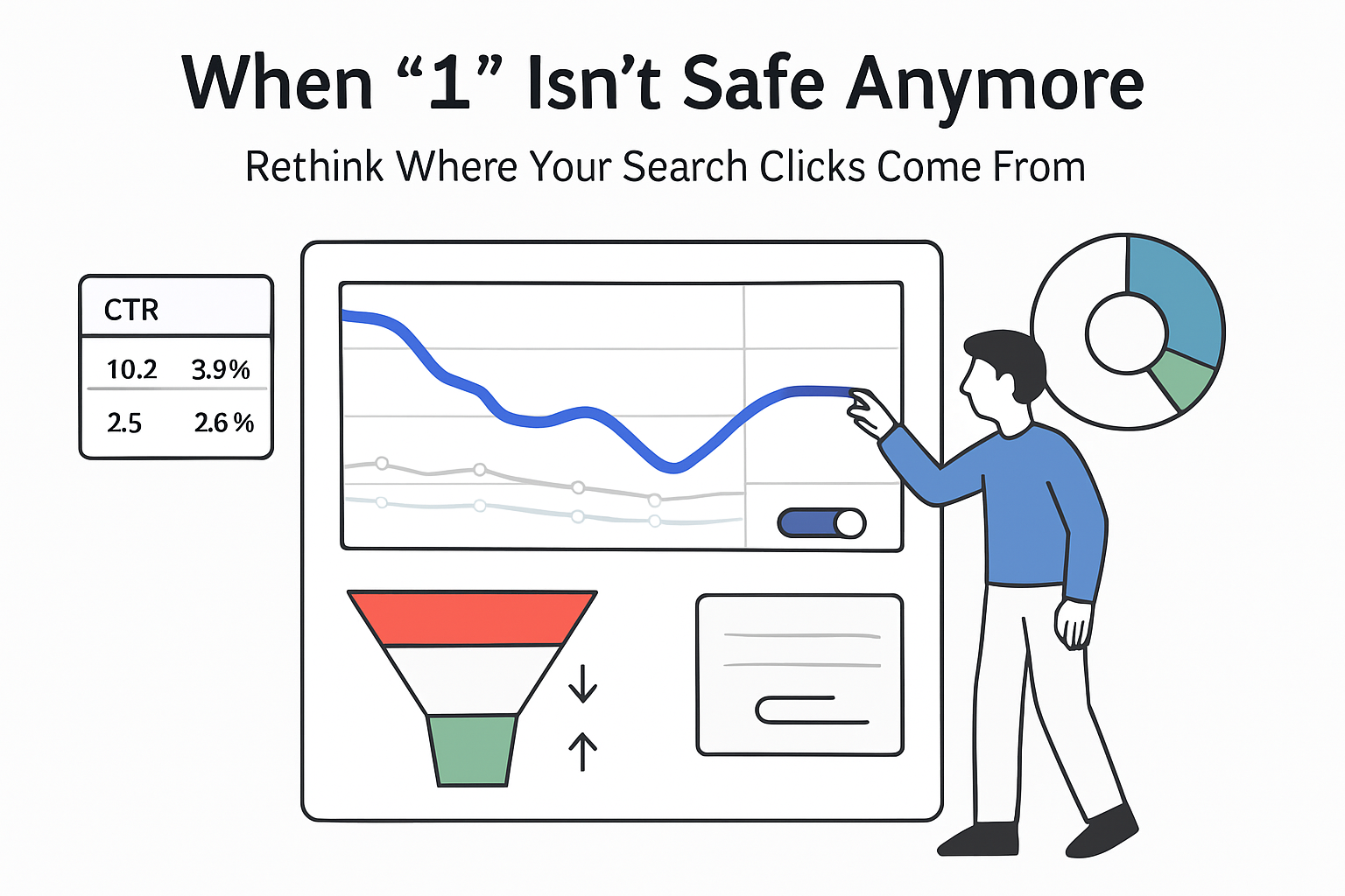 Analytics dashboard showing search clicks shift funnel and position one dip with person pointing