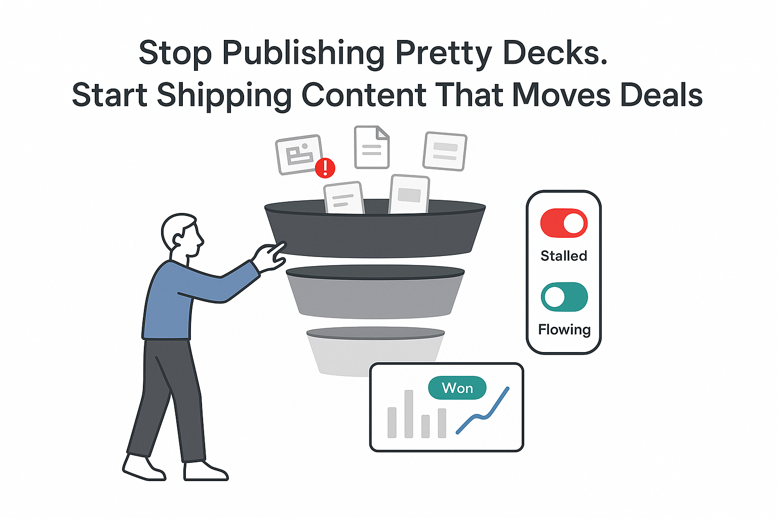 Minimalist sales funnel with content warnings dashboard and person flipping stalled to flowing toggle