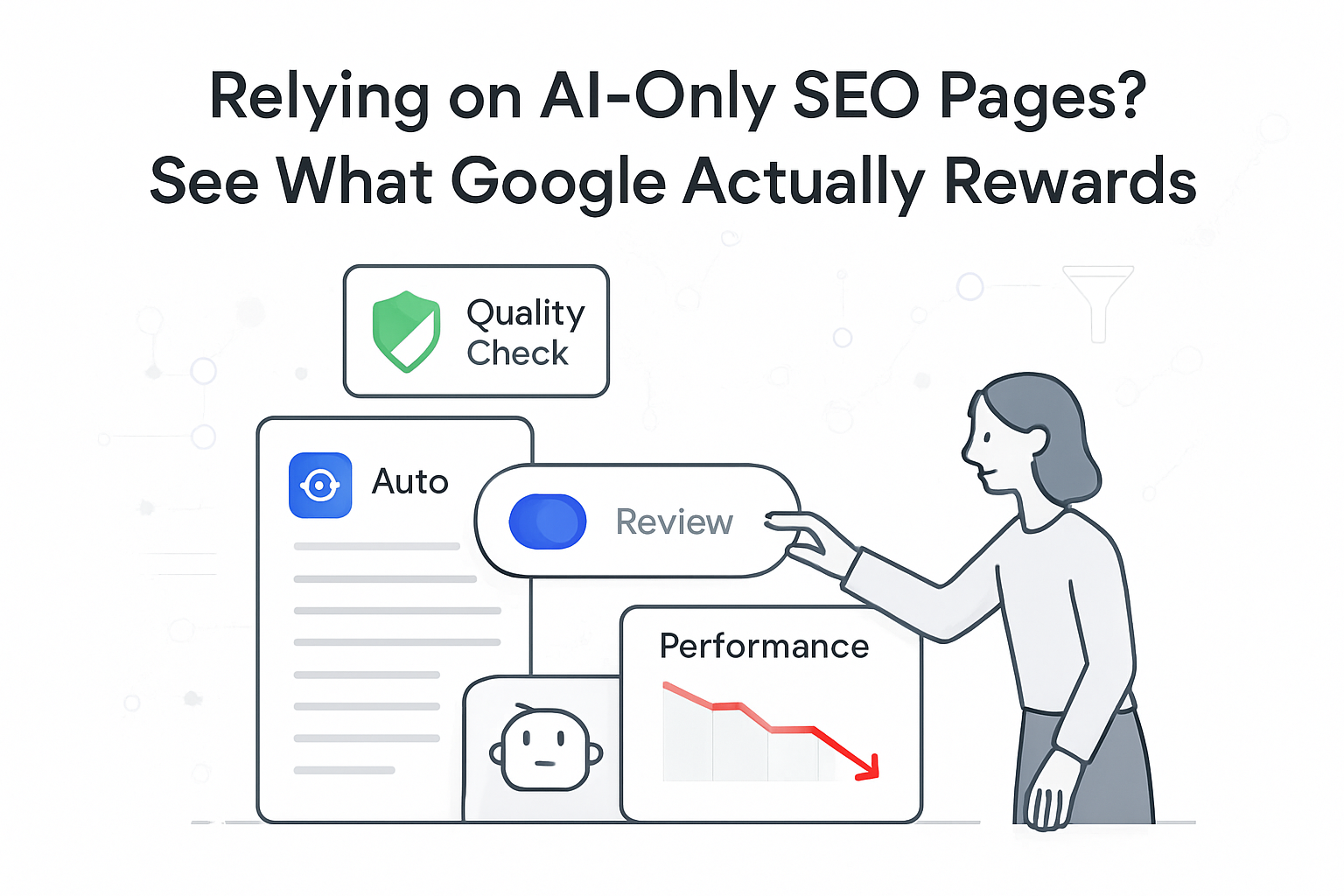 Minimalist SEO dashboard on white background with AI auto toggle human switching to review