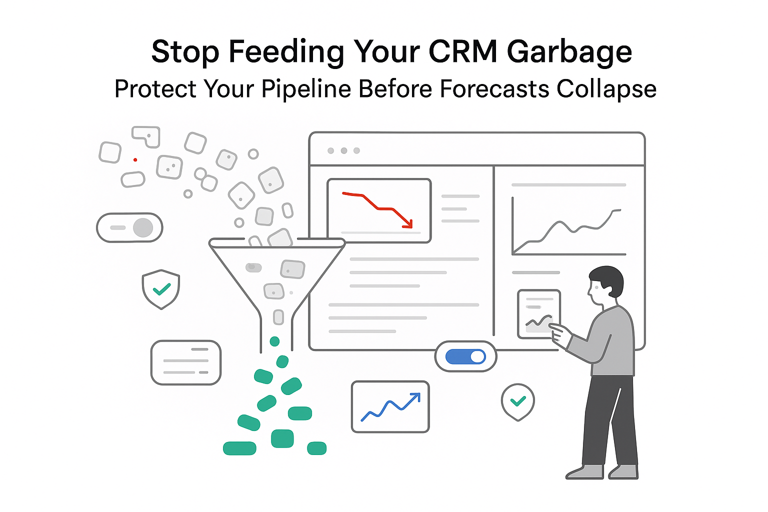 Minimalist CRM dashboard and sales funnel clogged with messy data chips and clean revenue output