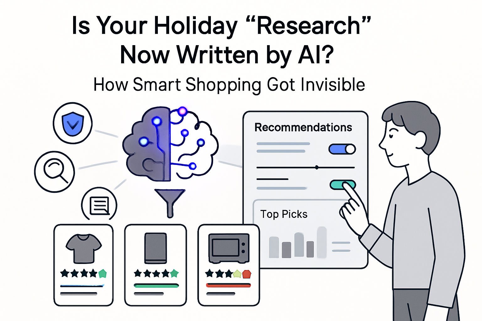 Minimalist AI brain funnel to product comparison cards with recommendation dashboard and holiday shopper