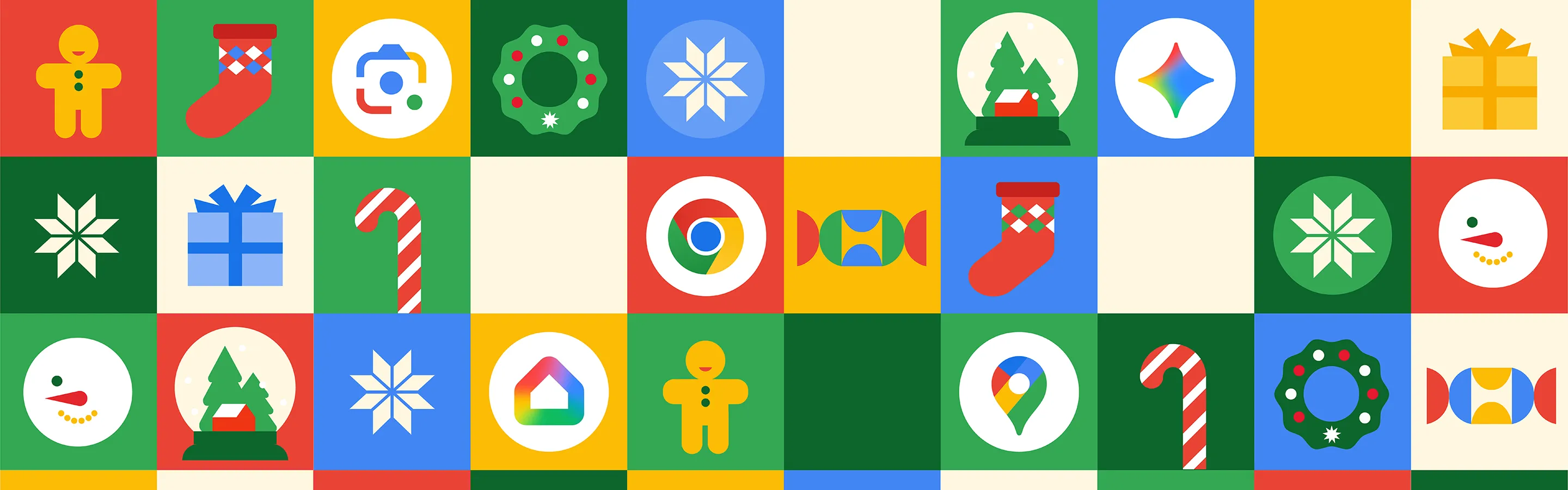 Festive grid of holiday icons with Google product logos