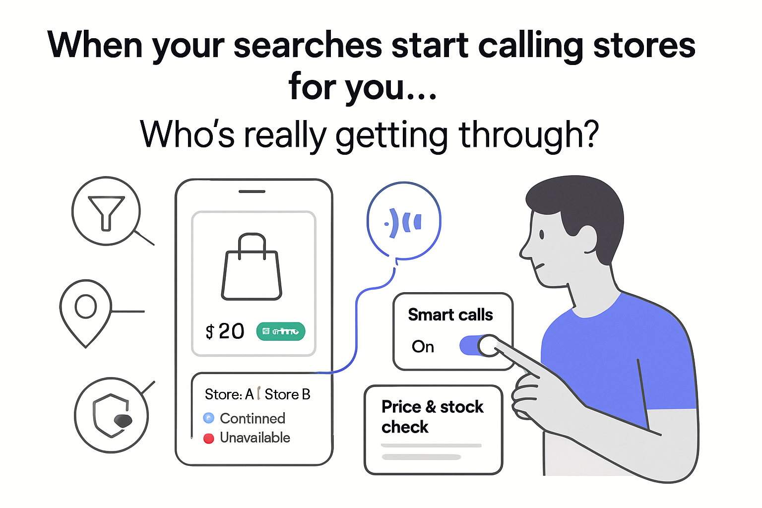 Minimalist smart call assistant smartphone connecting to stores with waveform icons user toggling smart calls