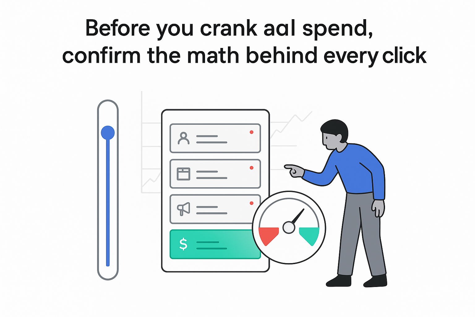 Minimalist PPC control panel illustration conversion funnel budget slider ROI gauge marketer reviewing alerts white