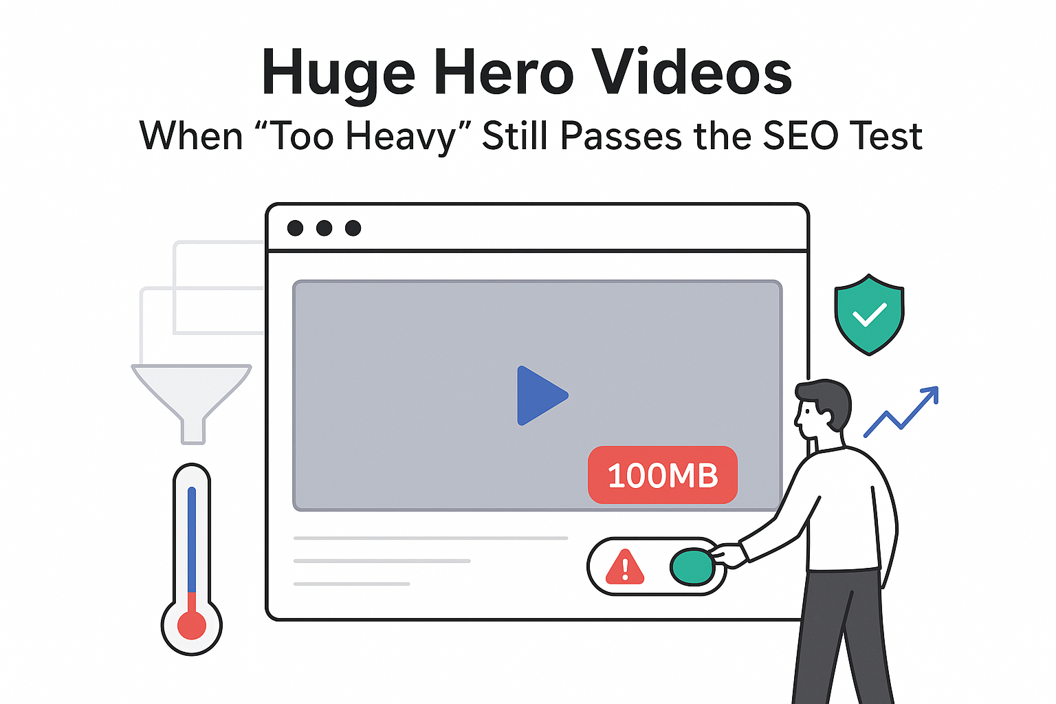 Minimalist browser panel showing 100MB hero video play icon conversion funnel green shield speed gauge