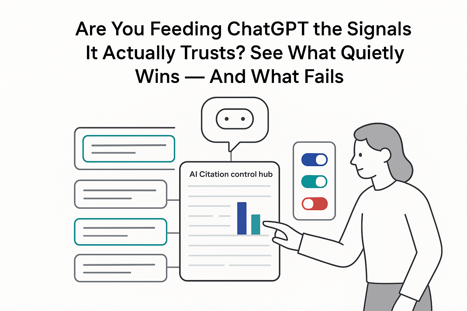 Minimalist ChatGPT citation control hub chatbot bubble report panel URL cards success toggle reviewer