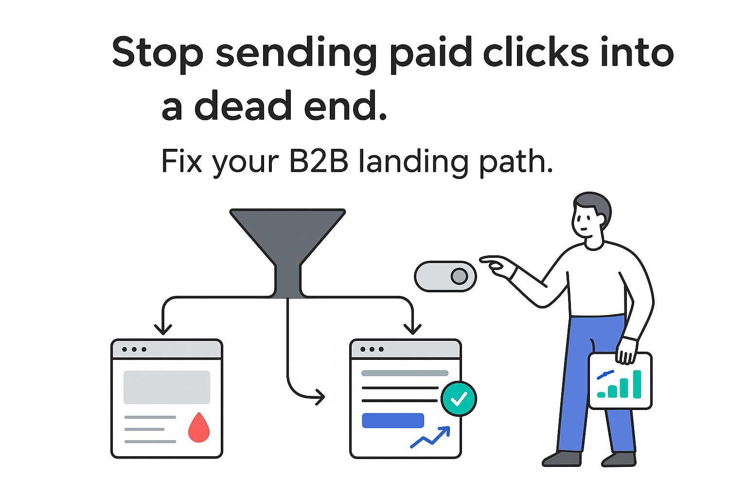 B2B ad traffic funnel budget leak to generic page and reroute to optimized landing page