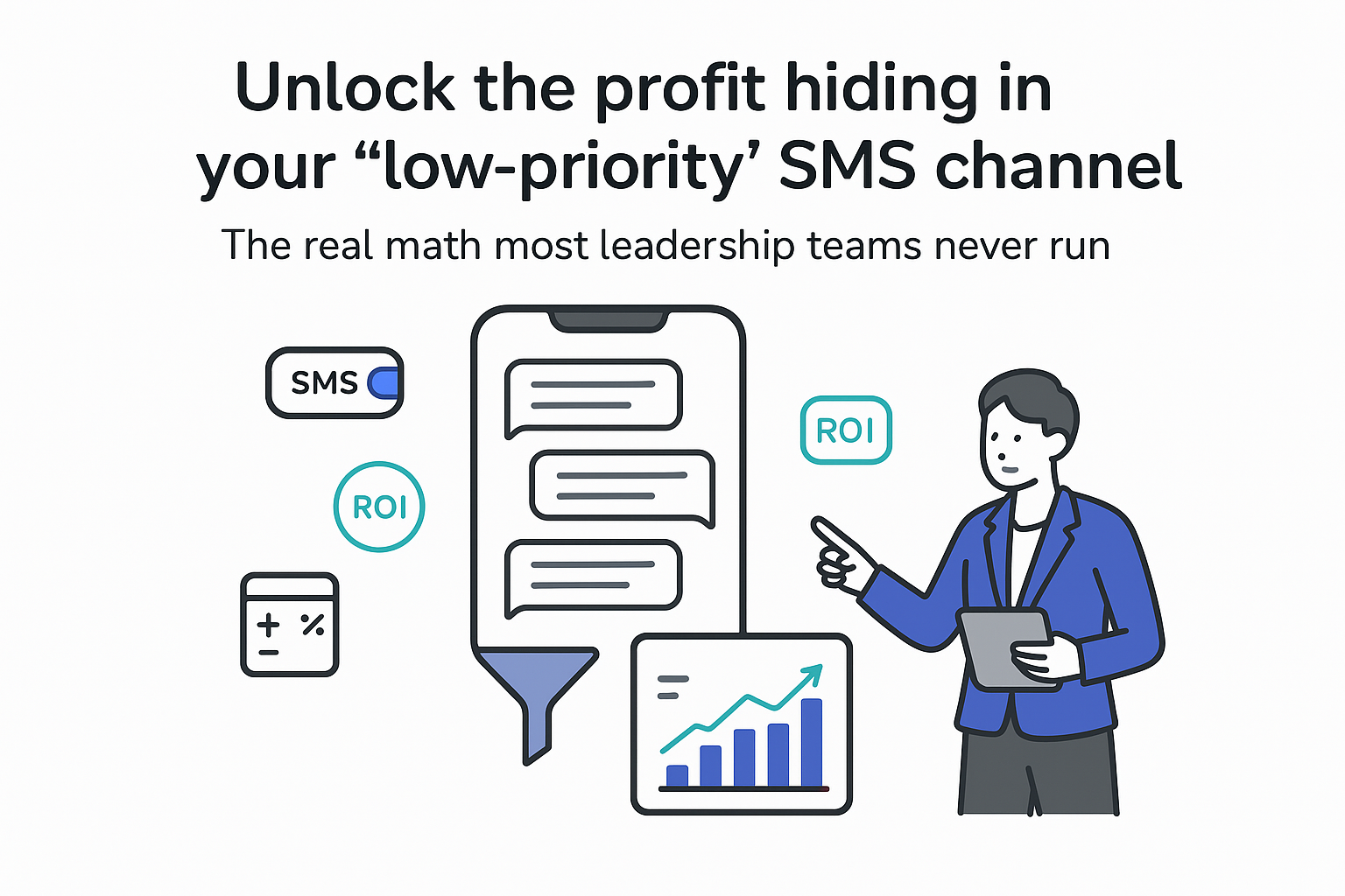Minimalist illustration of smartphone funneling SMS into profit dashboard with ROI badge and executive