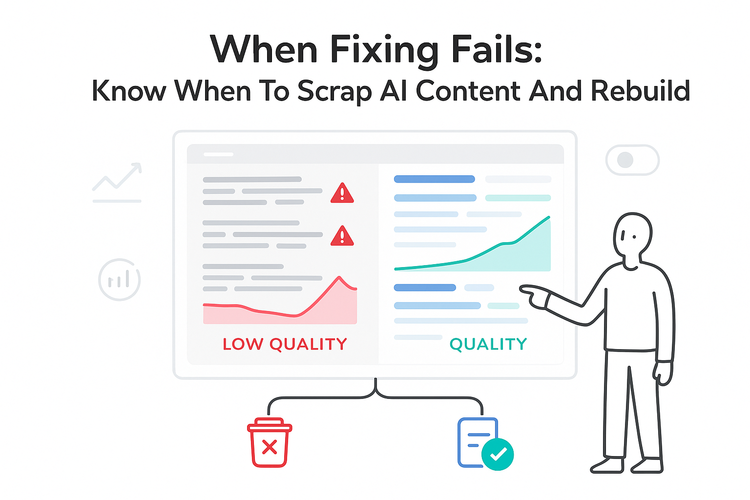AI content decision funnel minimalist illustration website panel low quality trash and rebuild clean page