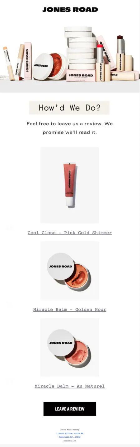 Image shows an email from Jones Road Beauty asking customers to leave a review