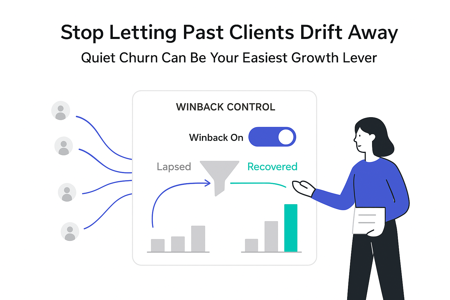 Minimalist winback dashboard showing email timeline funnel recovering lapsed customers regained MRR founder toggling switch