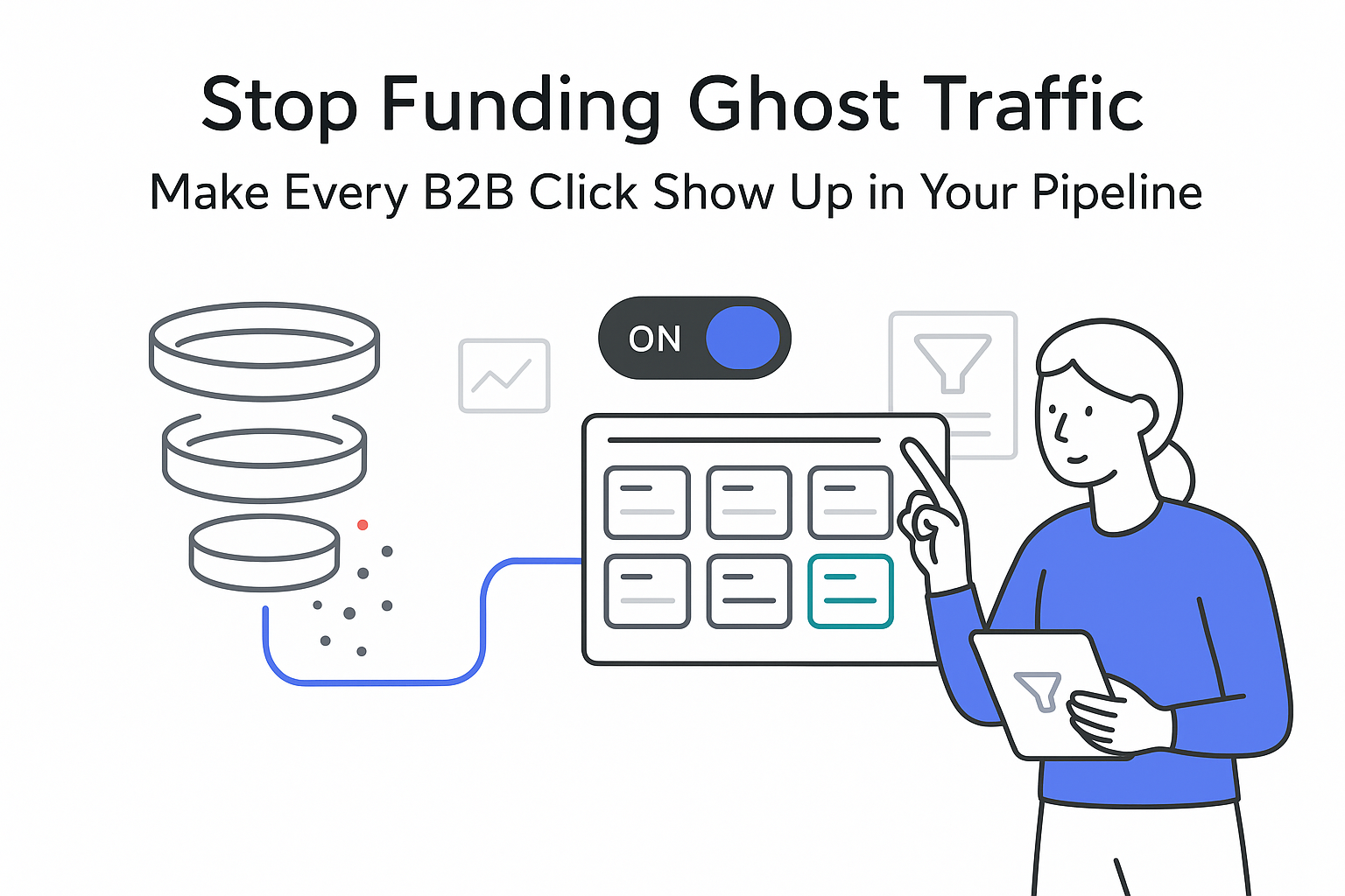 Minimalist SEO to CRM illustration showing leaking funnel toggle on feeding pipeline with qualified leads
