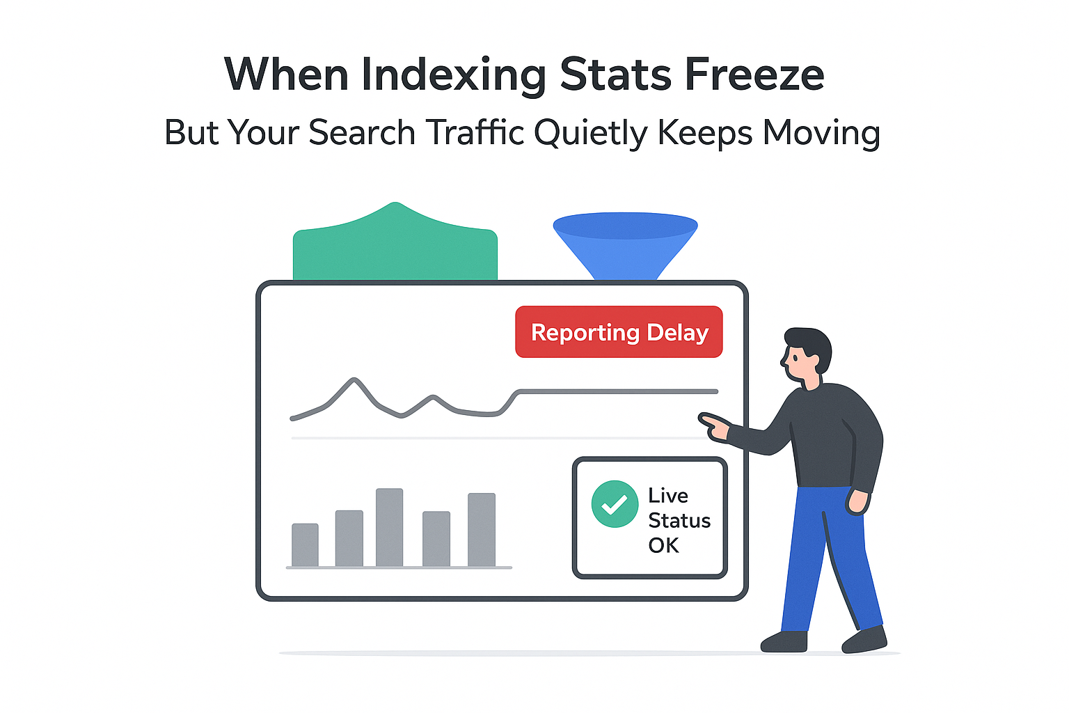 Minimalist indexing dashboard with frozen charts reporting delay shield funnel figure pointing search traffic moving