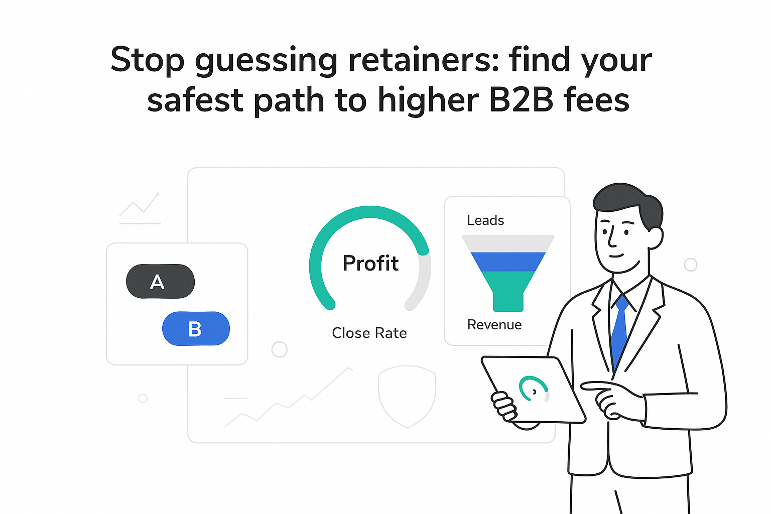 Pricing dashboard illustration A B toggle profit gauge funnel chart B2B professional with tablet