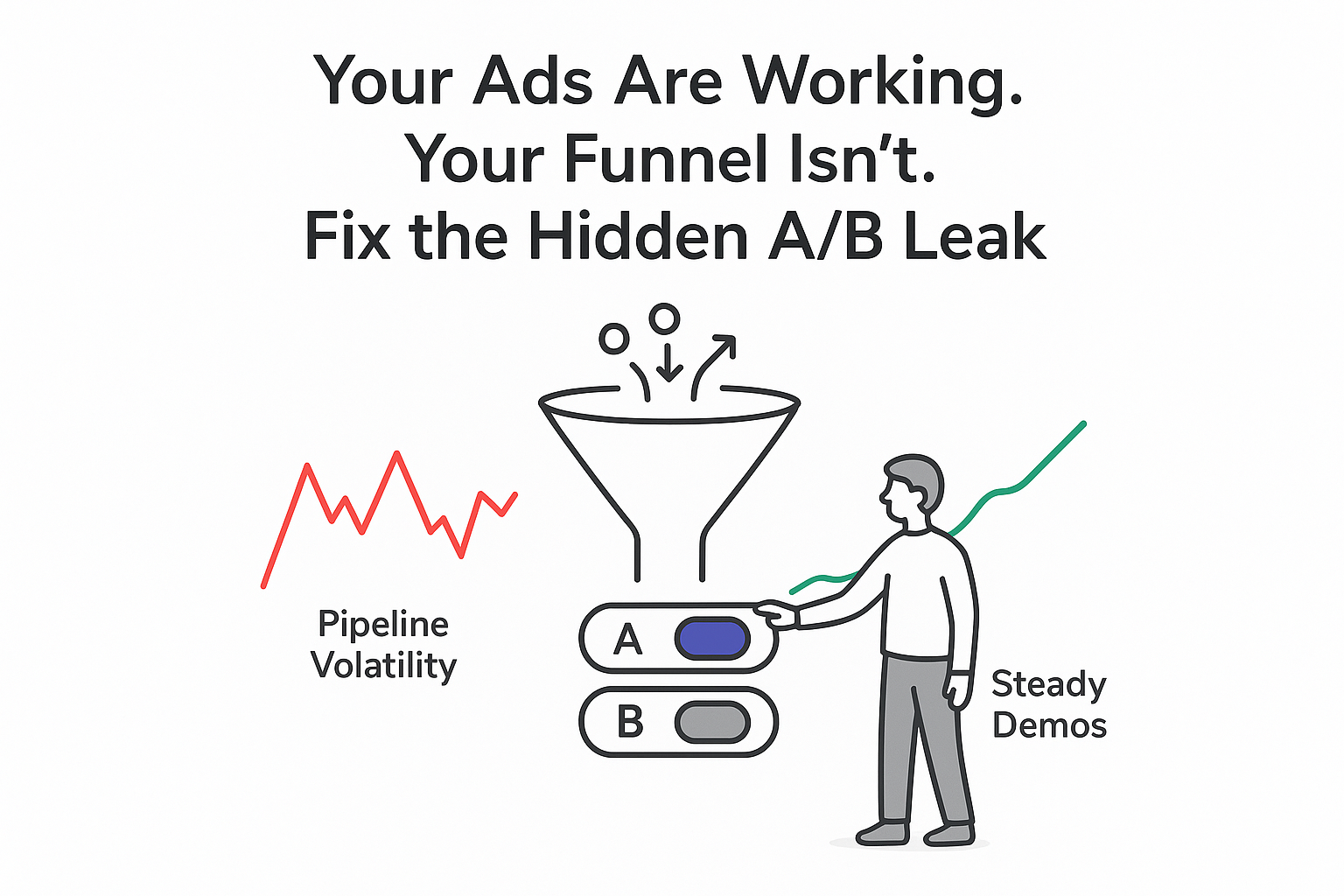 Minimalist A B control hub funnel with traffic nodes person flipping toggle and contrasting charts