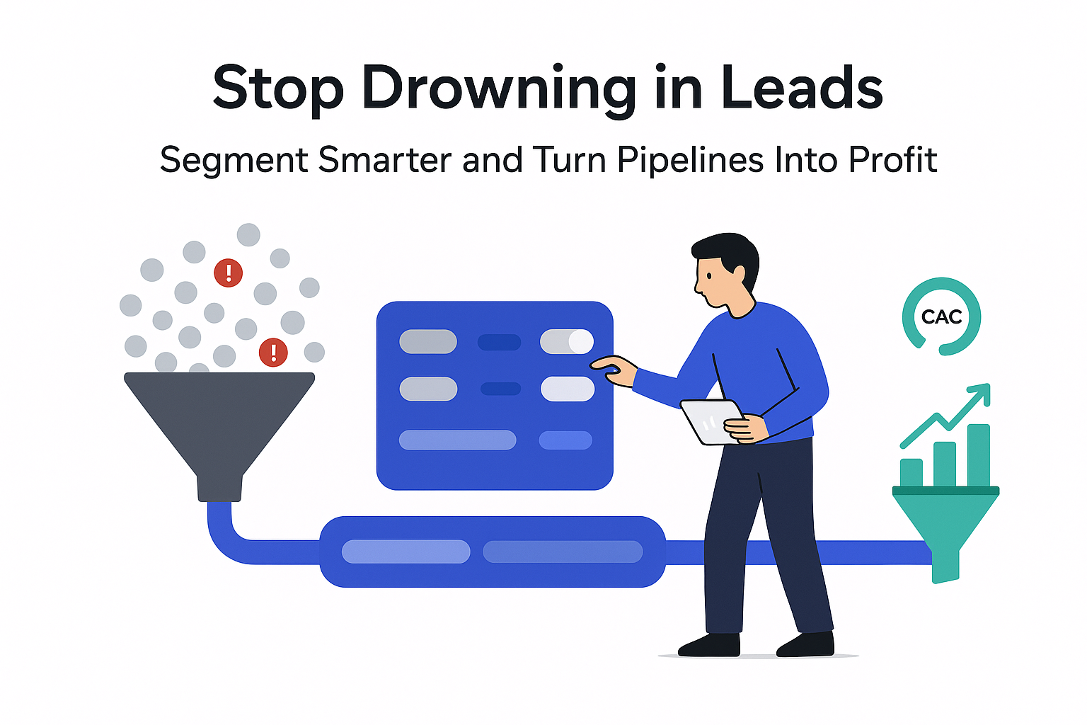 Minimalist illustration of lead pipeline segmentation funnel to focused pipeline conversion chart and person