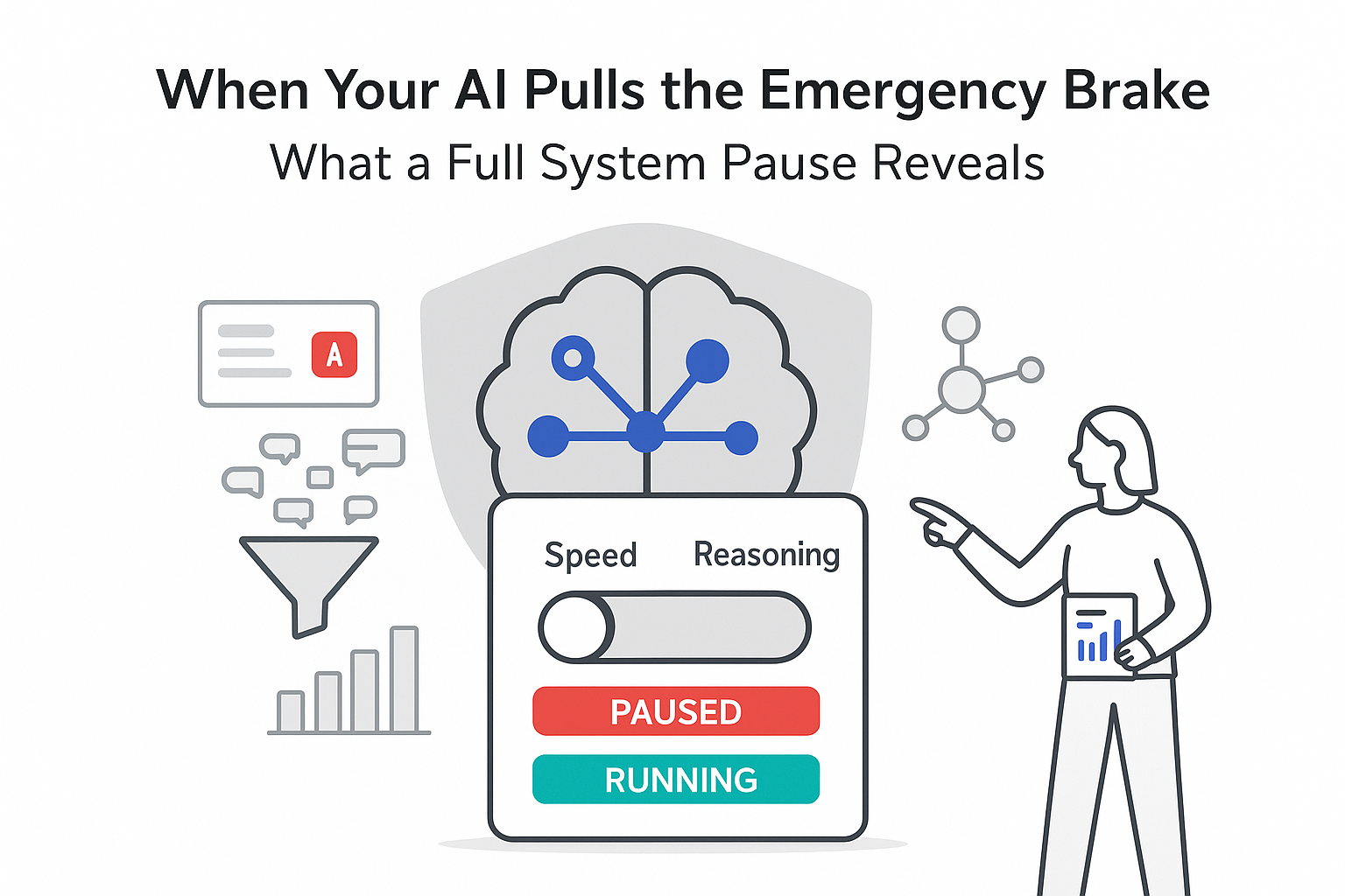 Minimalist AI core emergency pause illustration with control panel showing PAUSED and human operator