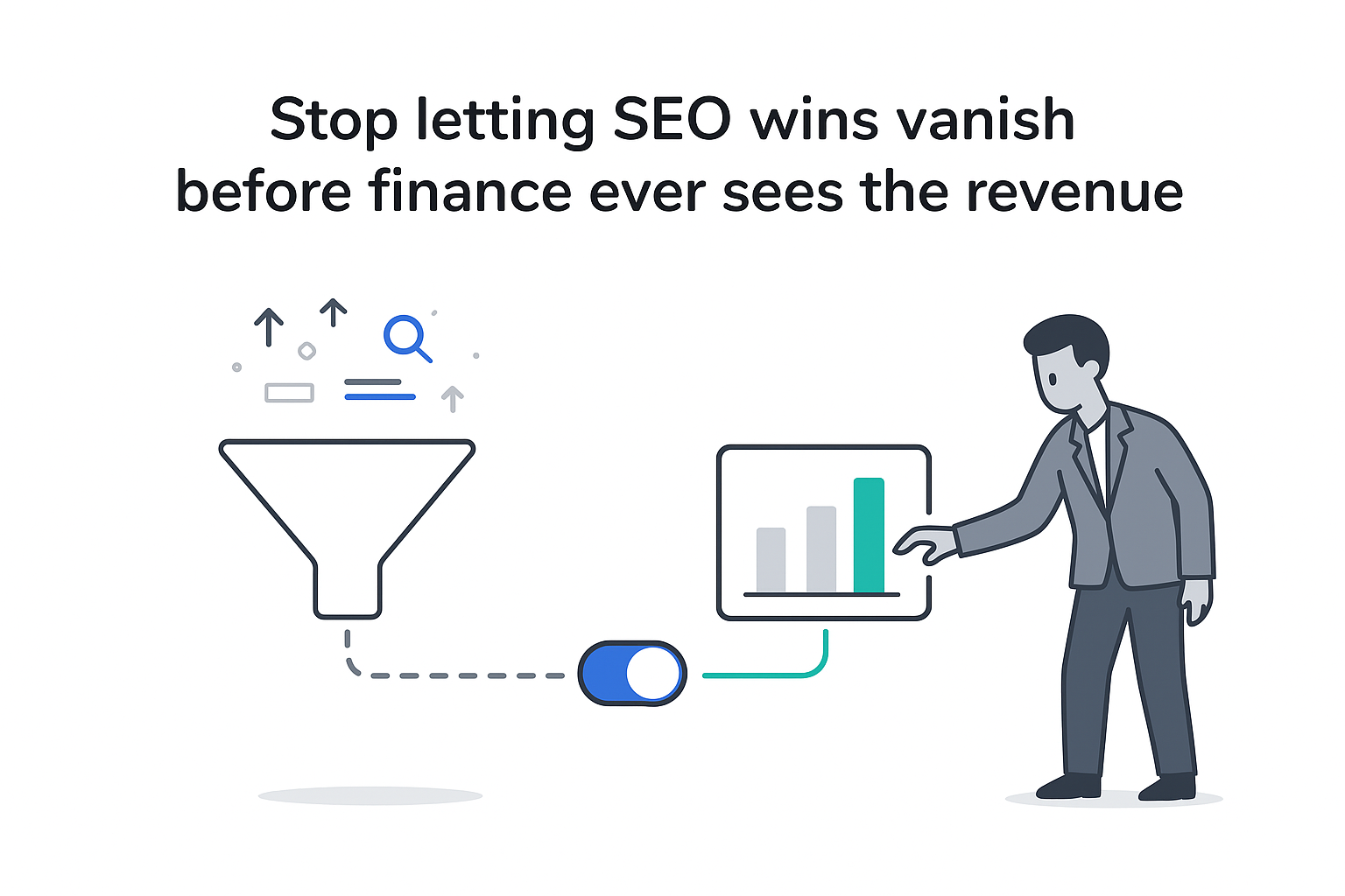 Minimalist illustration of SEO funnel connecting traffic to CRM revenue panel with toggle enabling attribution