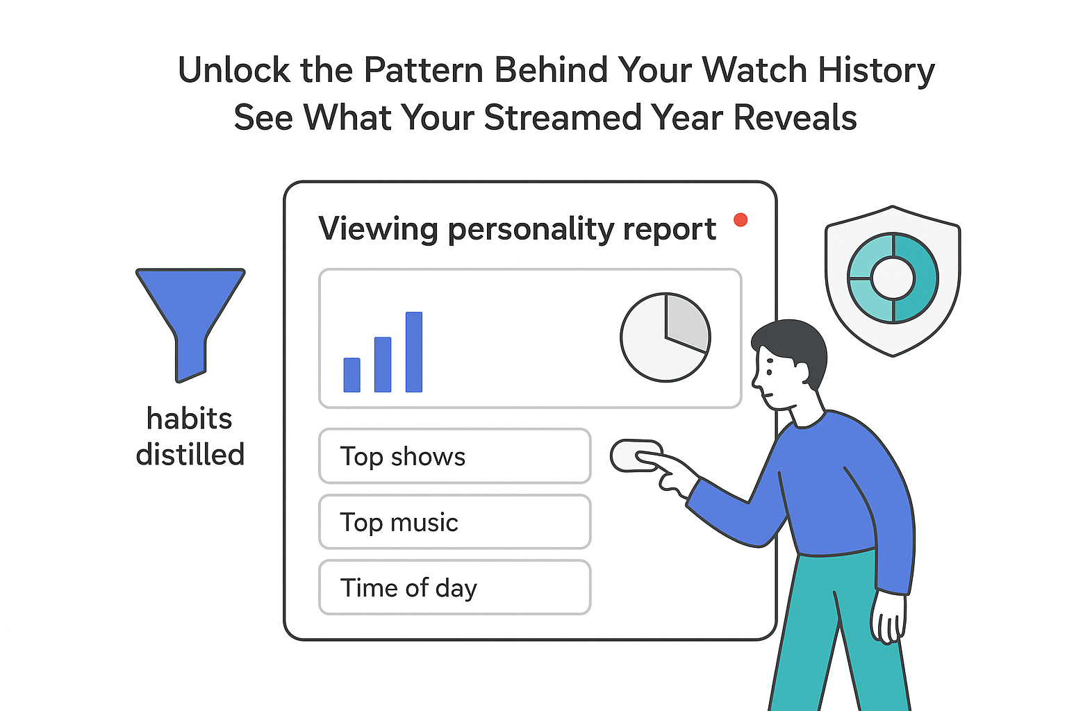 Minimalist tech illustration of viewing personality report dashboard with character tapping filter funnel and shield