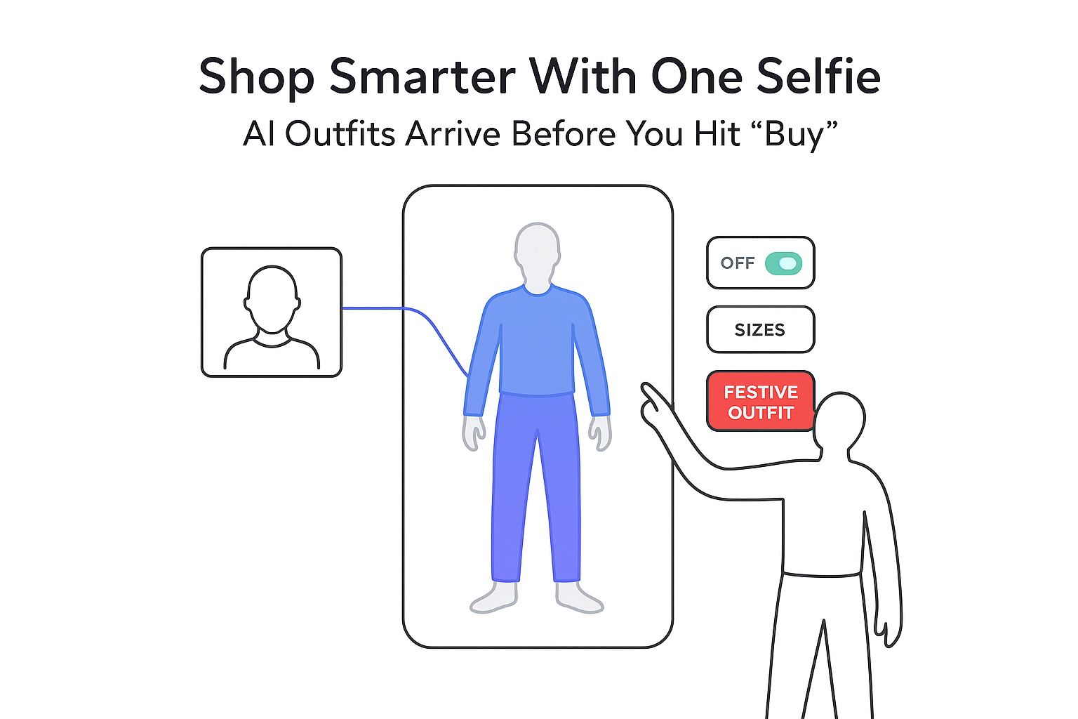 Minimalist illustration of AI virtual try on smartphone with selfie and outfit toggle