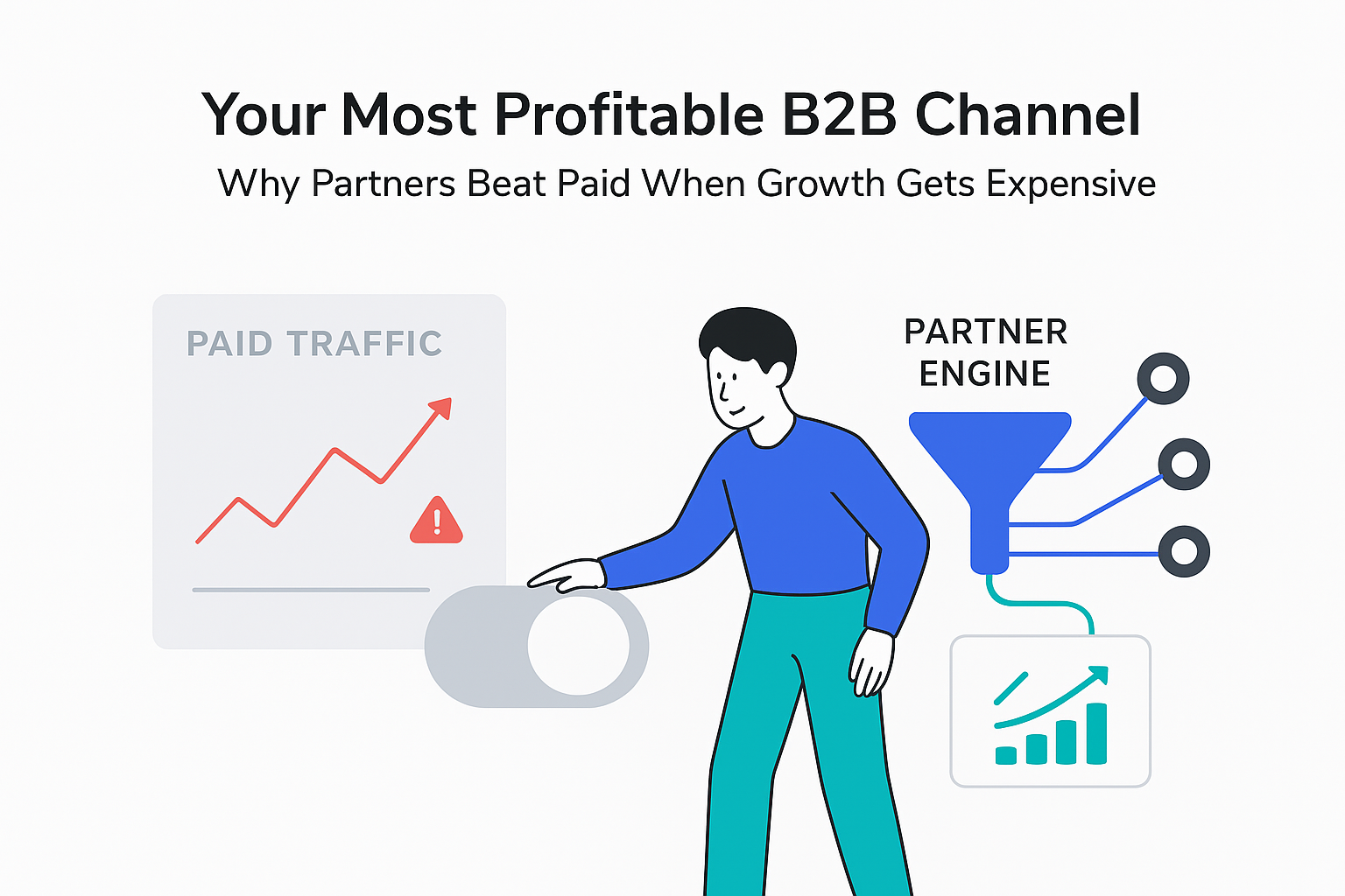 Minimalist illustration of paid traffic rising CAC and partner funnel growth with professional toggling switch