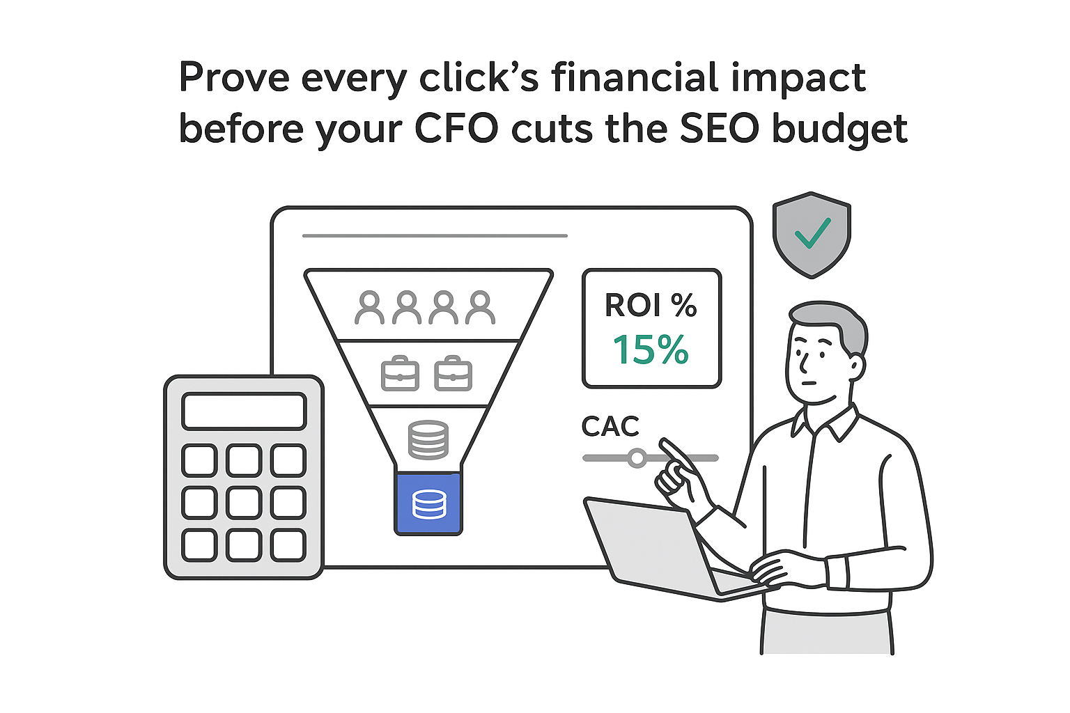 Minimalist analytics dashboard with funnel chart ROI CAC calculator shield and businessperson pointing