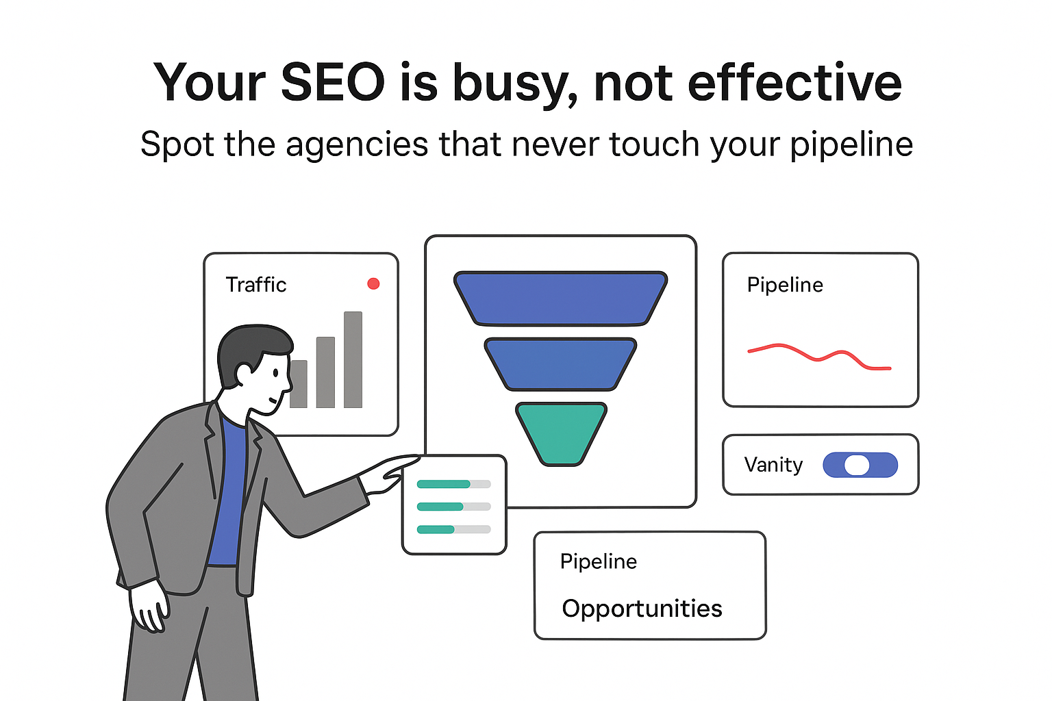 Minimalist analytics dashboard with sales funnel pipeline toggle traffic chart opportunities card and B2B professional